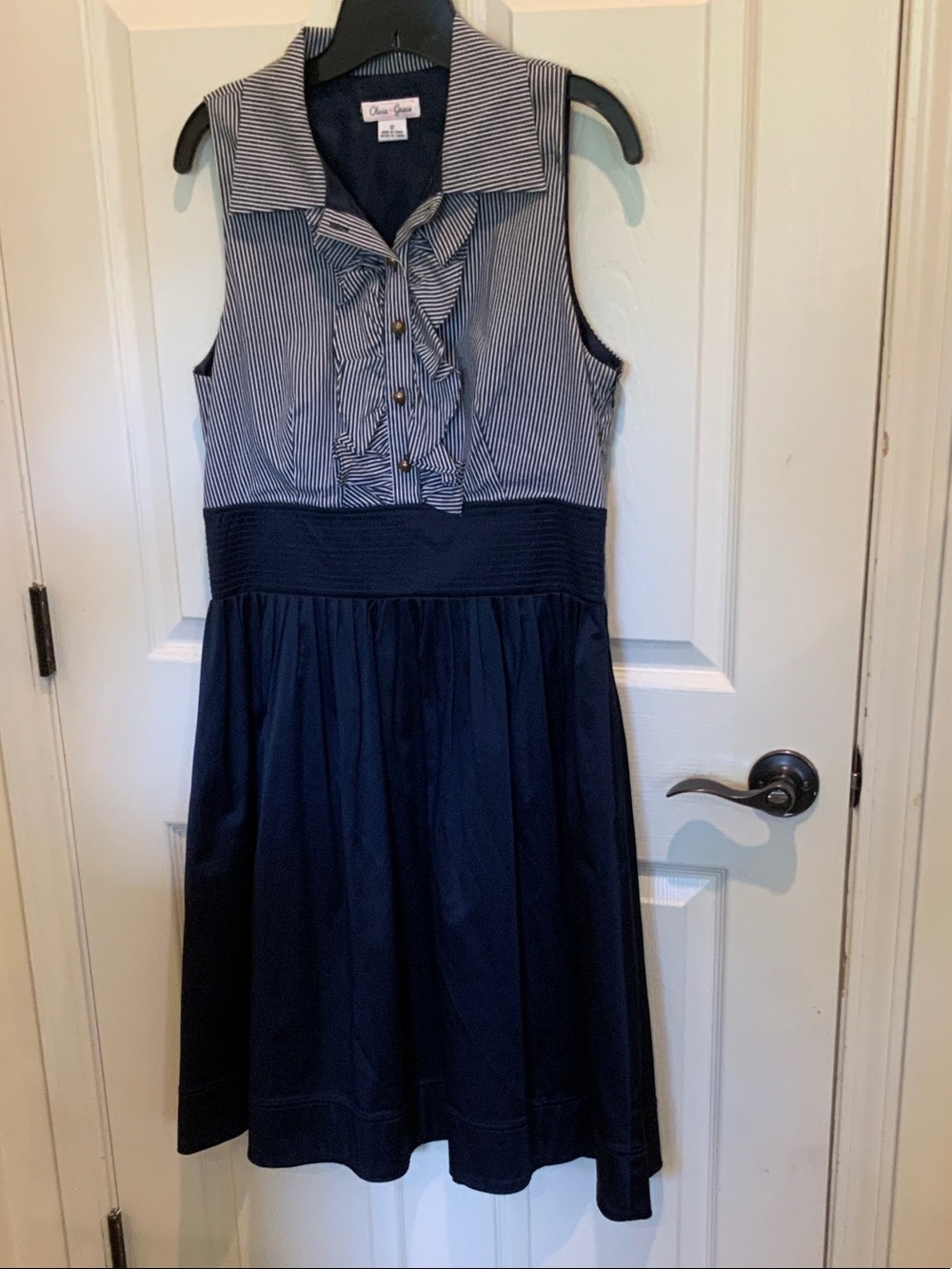 Olivia Rae Navy & White Sleeveless Ruffle-Front Midi Dress